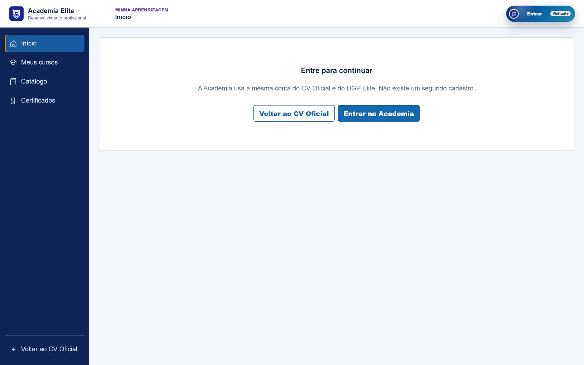Academia Elite com o menu de início, meus cursos, catálogo e certificados.