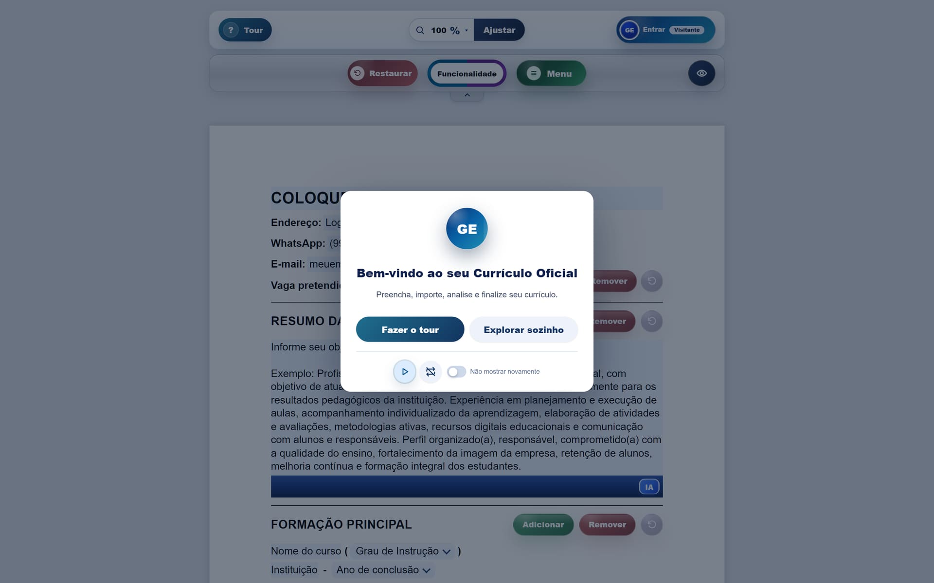 Editor do CV Oficial aberto e vazio, com campos de nome, contato, resumo das qualificações e formação.