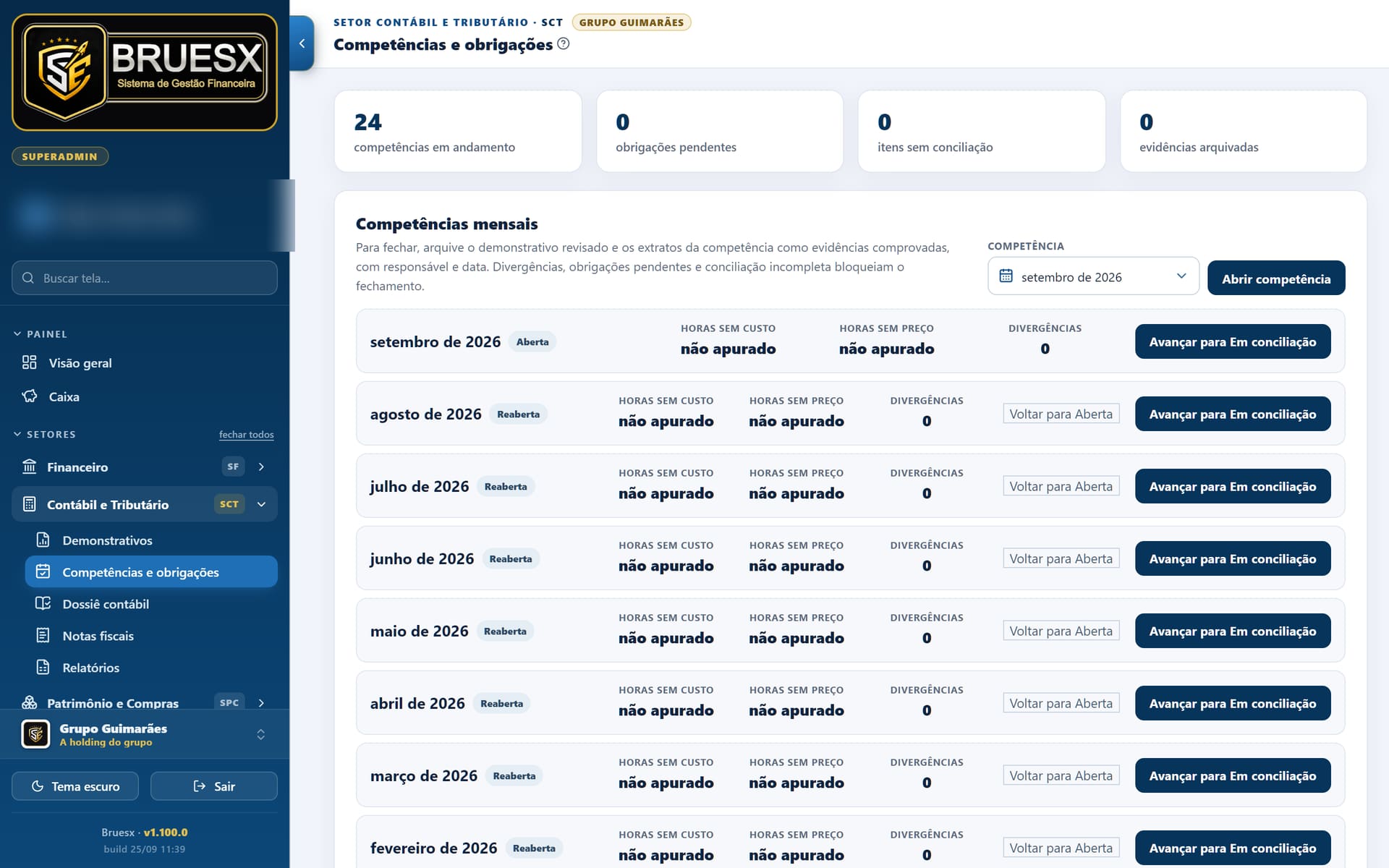 Tela de operação contábil interna com competências mensais, obrigações e evidências documentais.