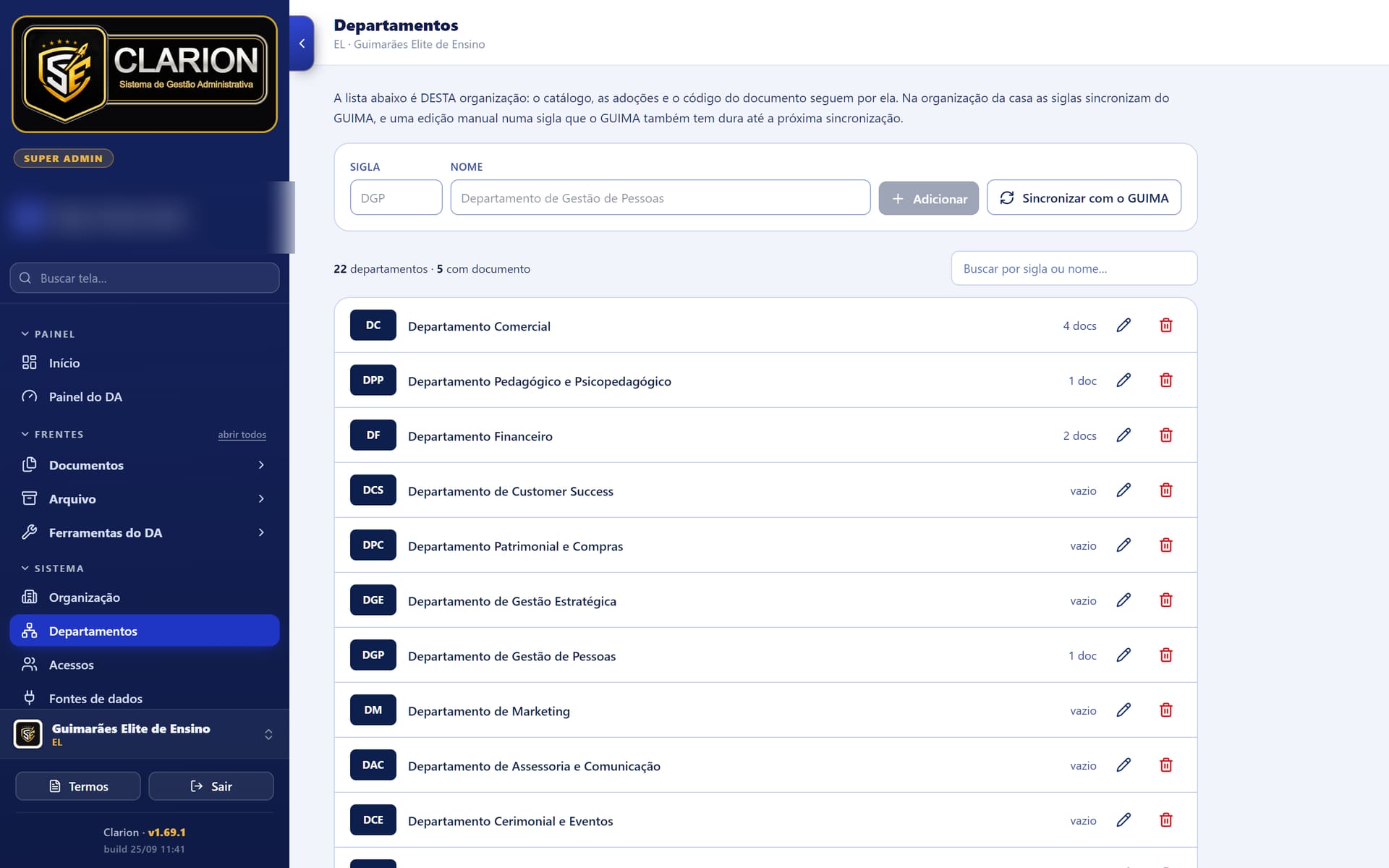 Lista de 22 departamentos, cada um com sigla e a quantidade de documentos que mantém.